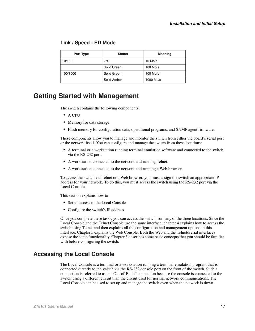 Intel ZT8101 Getting Started with Management, Accessing the Local Console, Link / Speed LED Mode, Port Type Status Meaning 