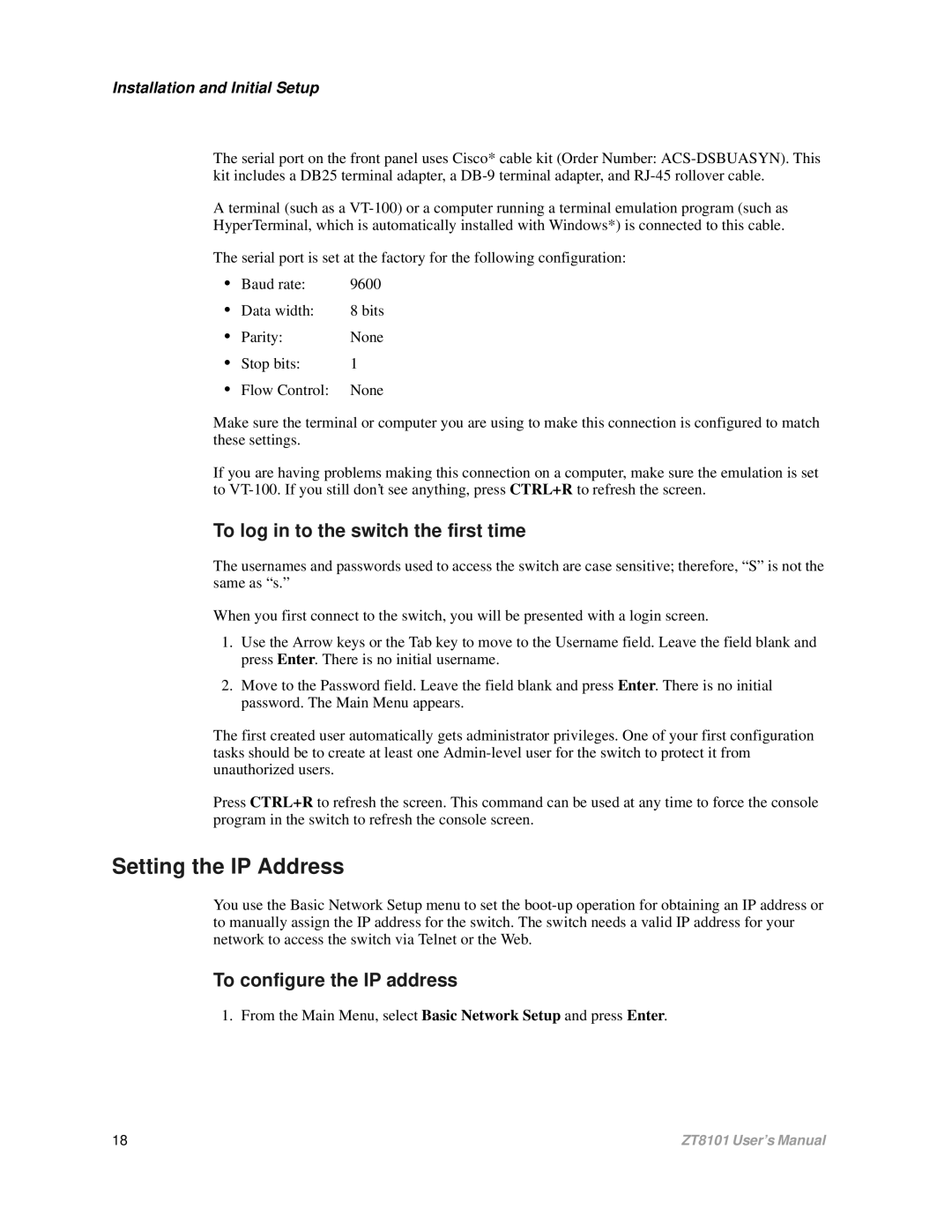 Intel ZT8101 user manual Setting the IP Address, To log in to the switch the first time, To configure the IP address 