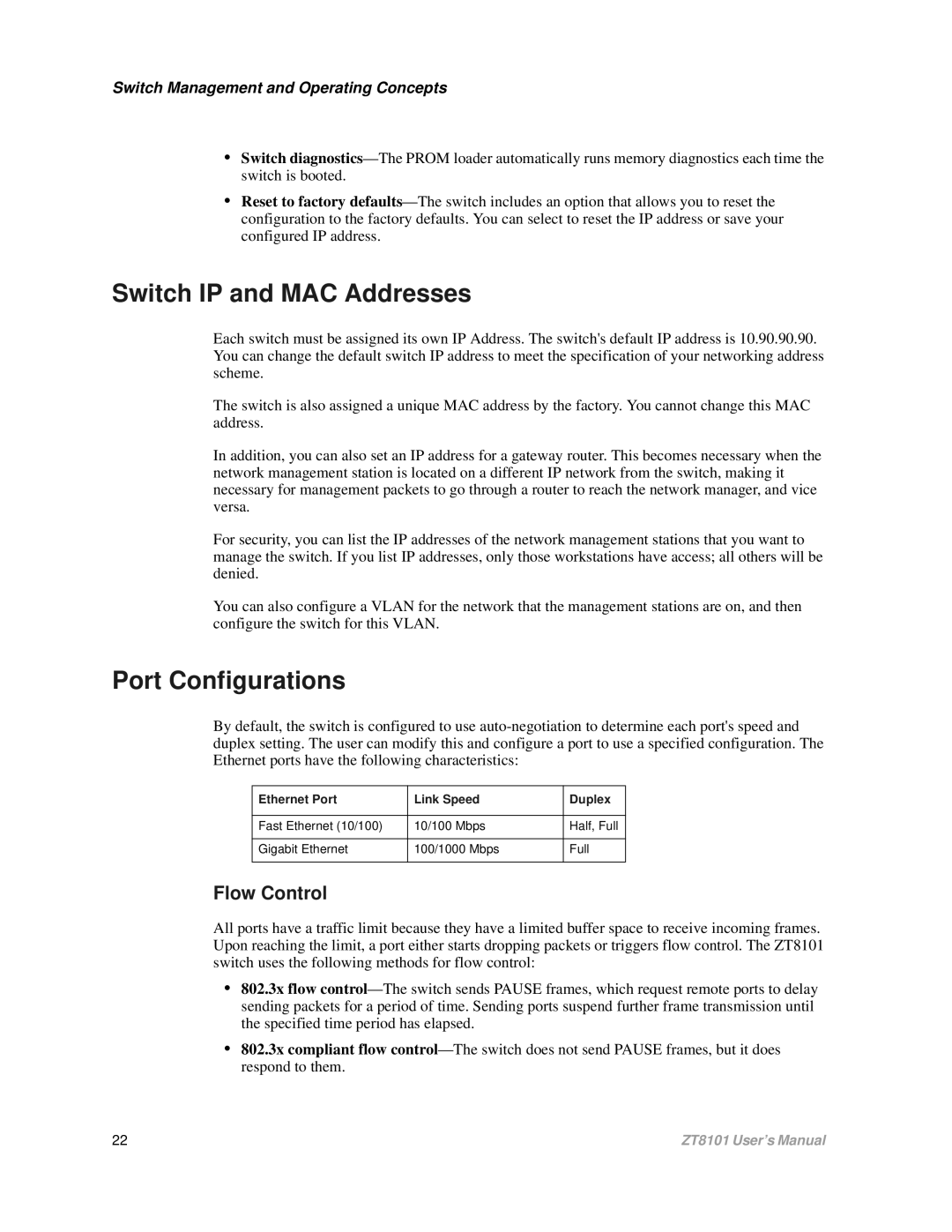 Intel ZT8101 user manual Switch IP and MAC Addresses, Port Configurations, Flow Control, Ethernet Port Link Speed Duplex 