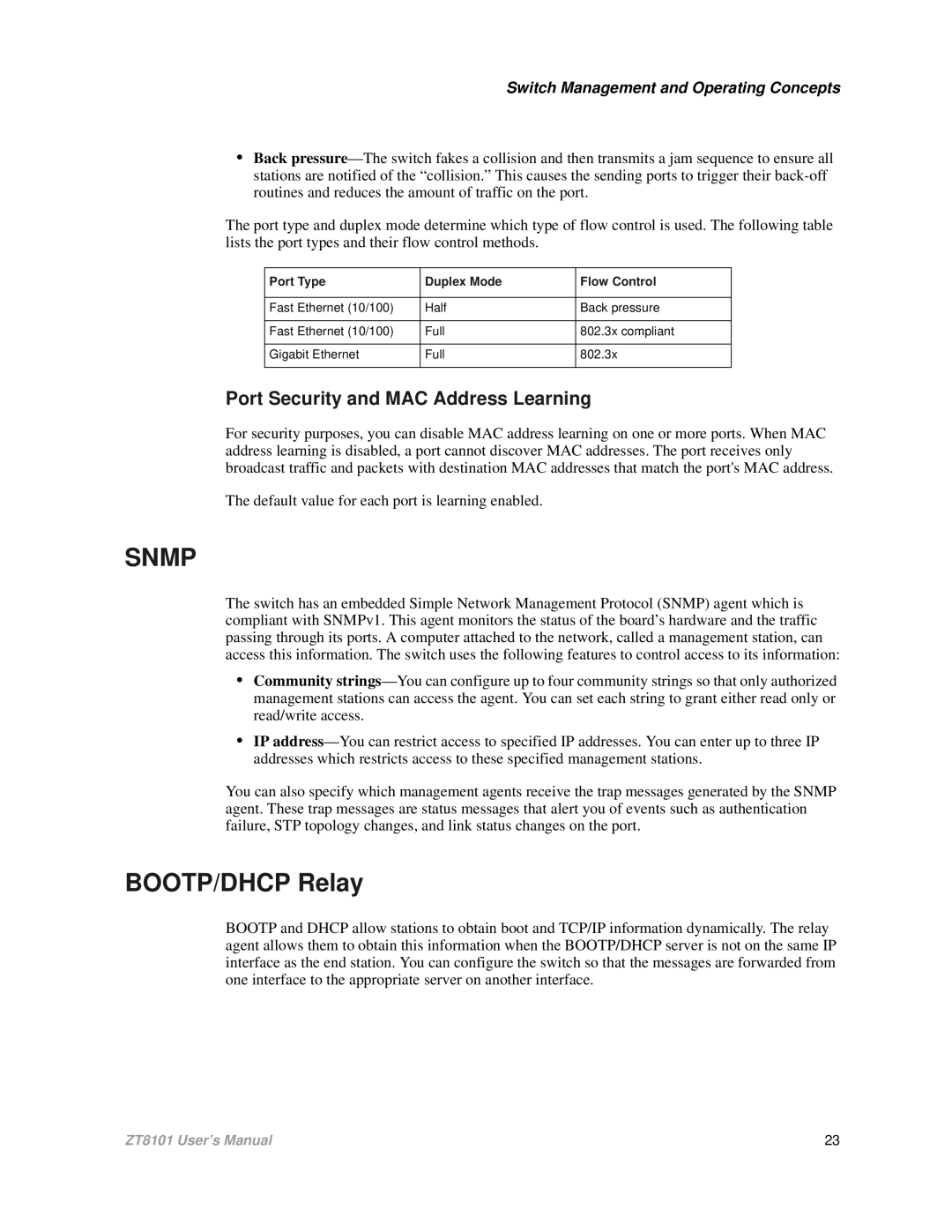 Intel ZT8101 user manual BOOTP/DHCP Relay, Port Security and MAC Address Learning, Port Type Duplex Mode Flow Control 