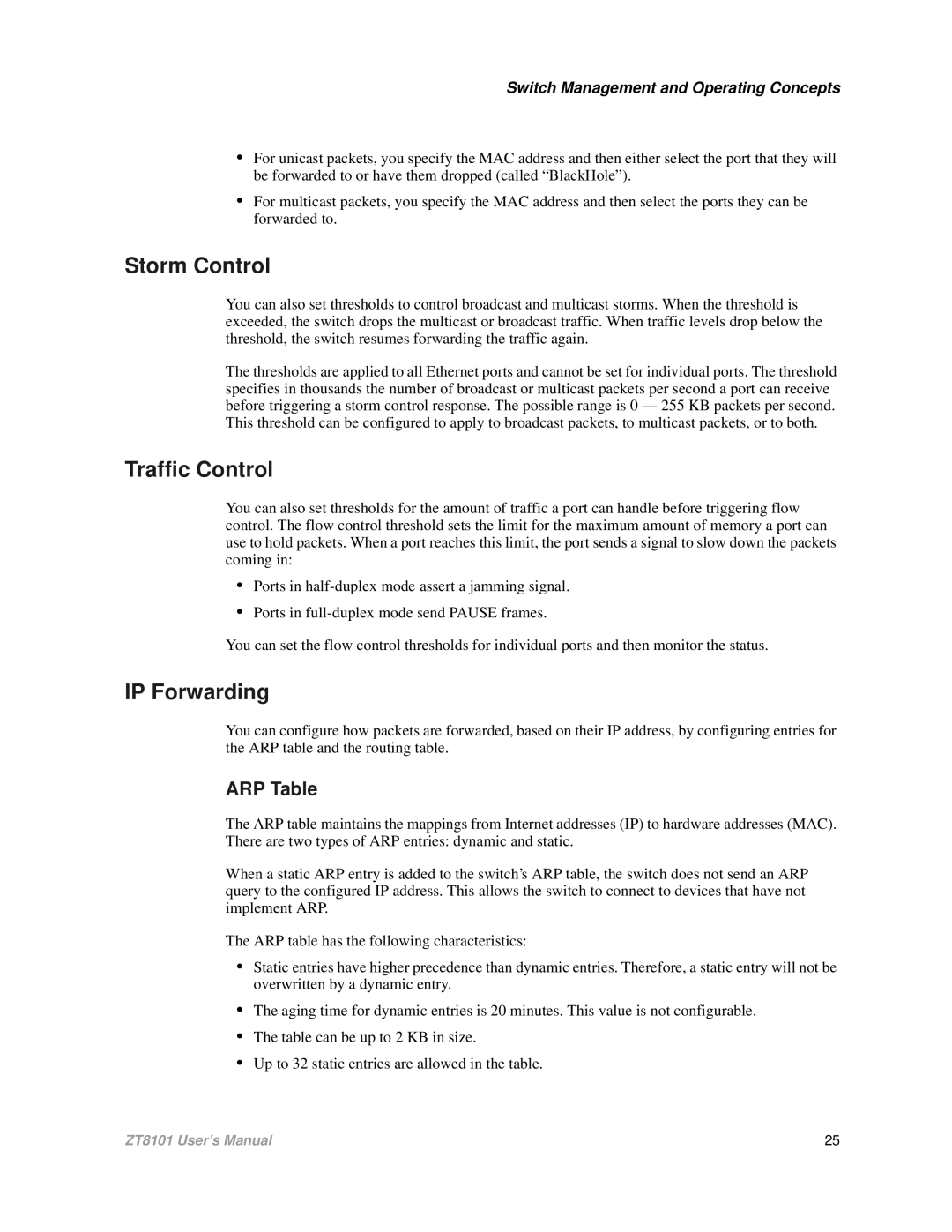 Intel ZT8101 user manual Storm Control, Traffic Control, IP Forwarding, ARP Table 