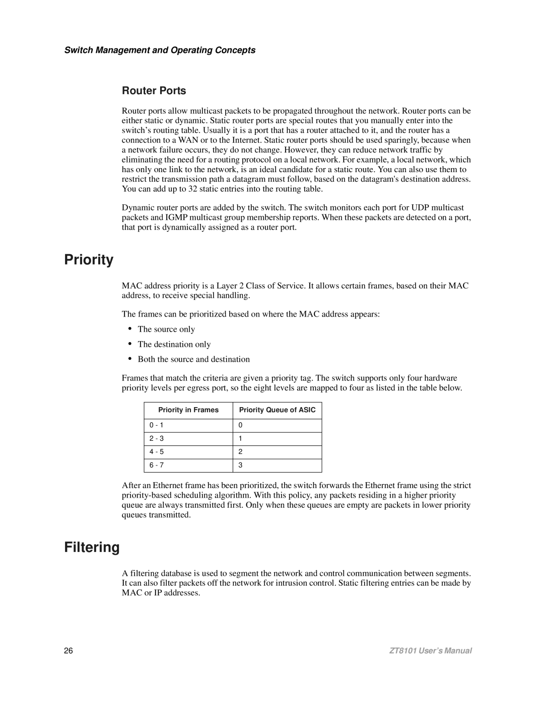 Intel ZT8101 user manual Filtering, Router Ports, Priority in Frames Priority Queue of Asic 