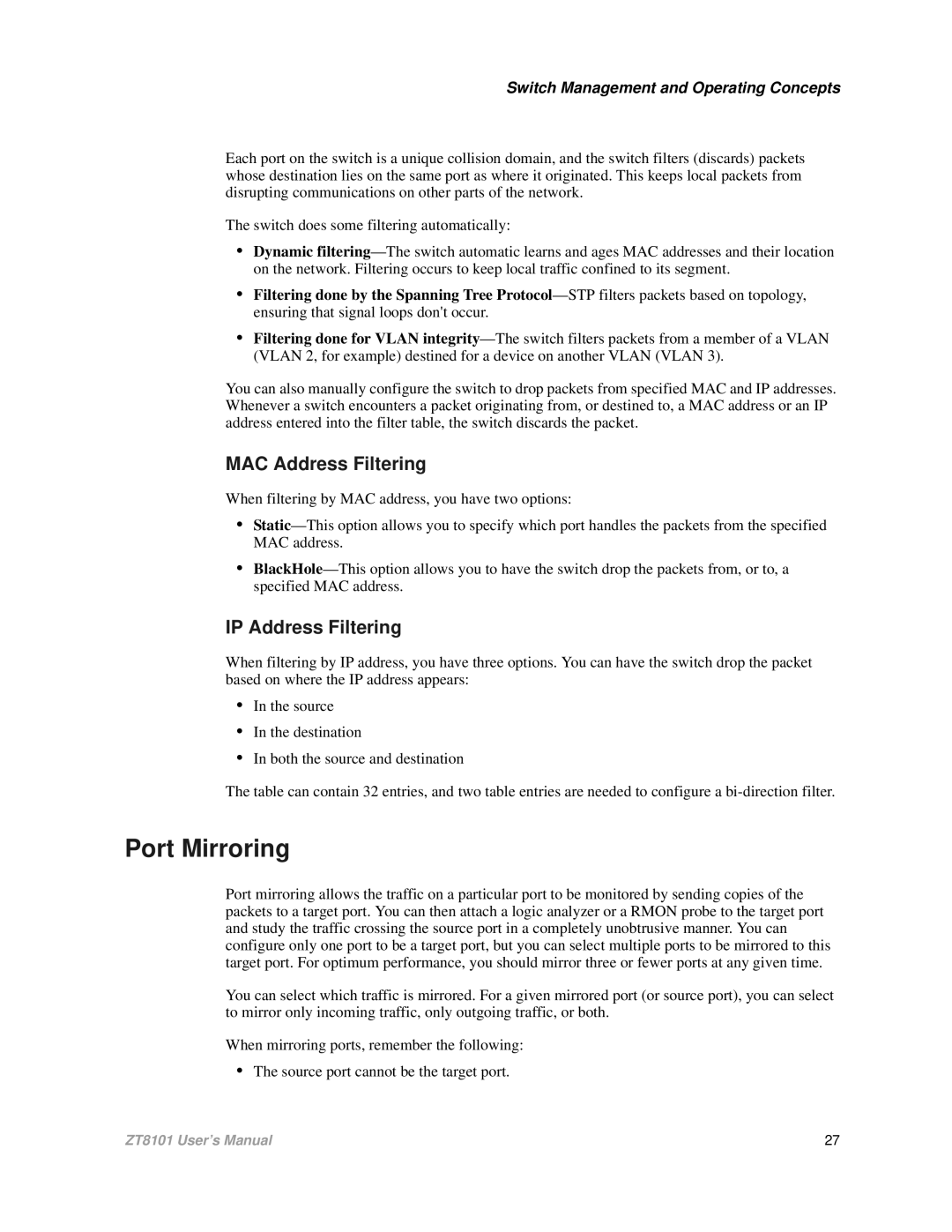 Intel ZT8101 user manual Port Mirroring, MAC Address Filtering, IP Address Filtering 