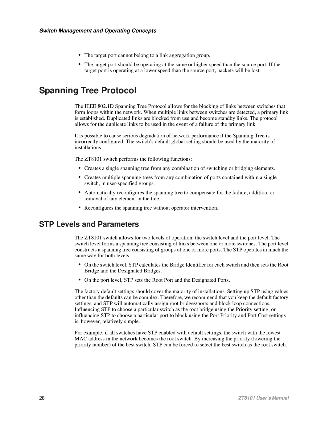 Intel ZT8101 user manual Spanning Tree Protocol, STP Levels and Parameters 