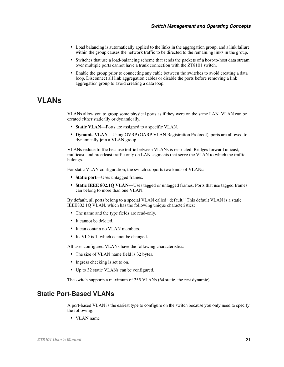 Intel ZT8101 user manual Static Port-Based VLANs 