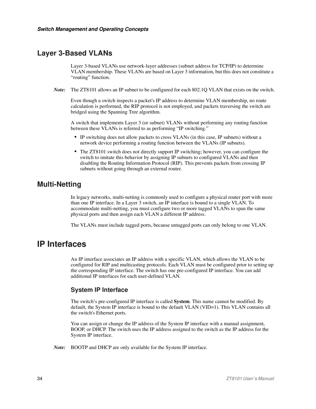 Intel ZT8101 user manual IP Interfaces, Layer 3-Based VLANs, Multi-Netting, System IP Interface 