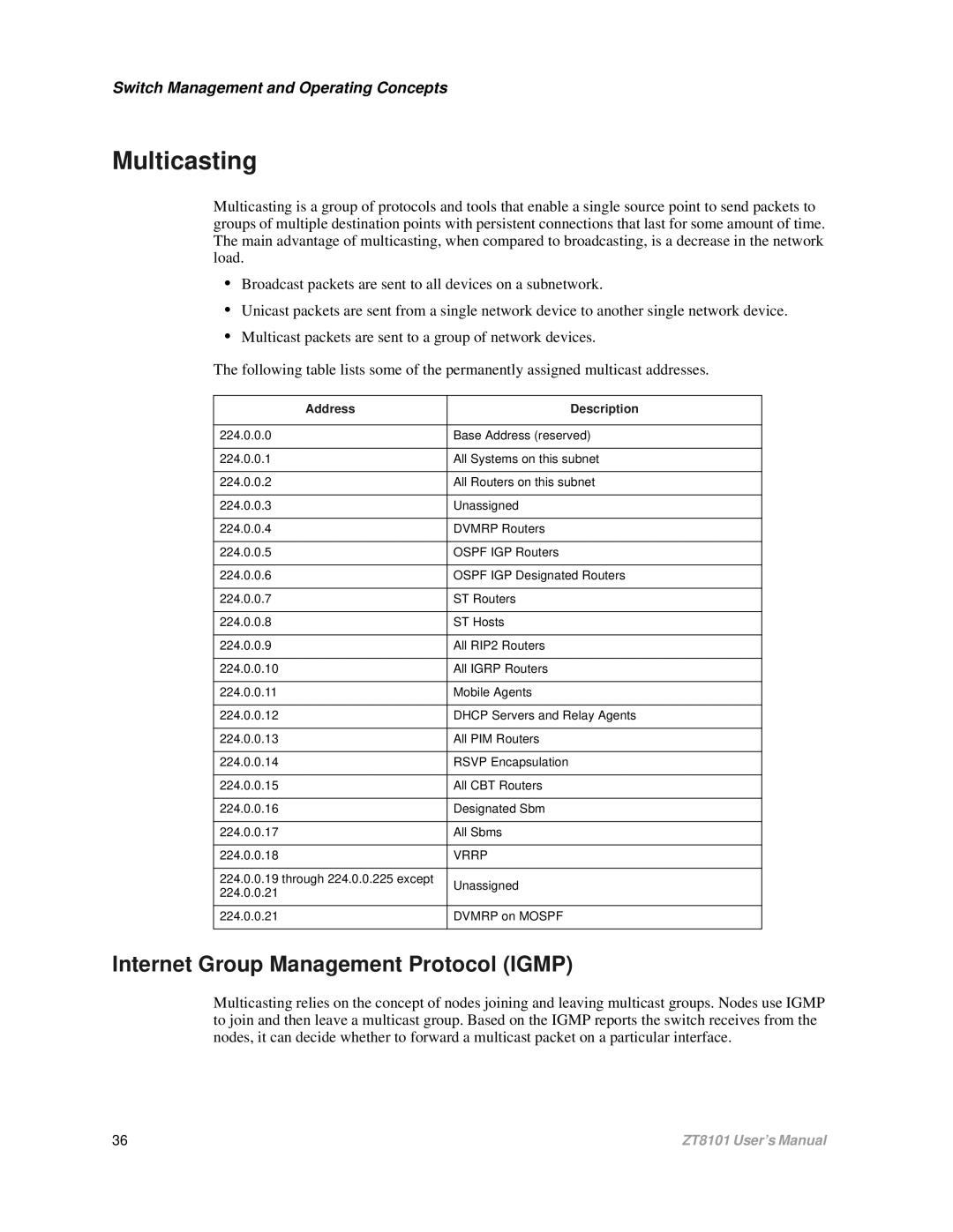 Intel ZT8101 user manual Multicasting, Internet Group Management Protocol Igmp, Address Description 