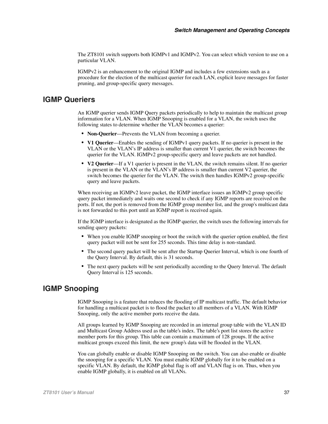 Intel ZT8101 user manual Igmp Queriers, Igmp Snooping 