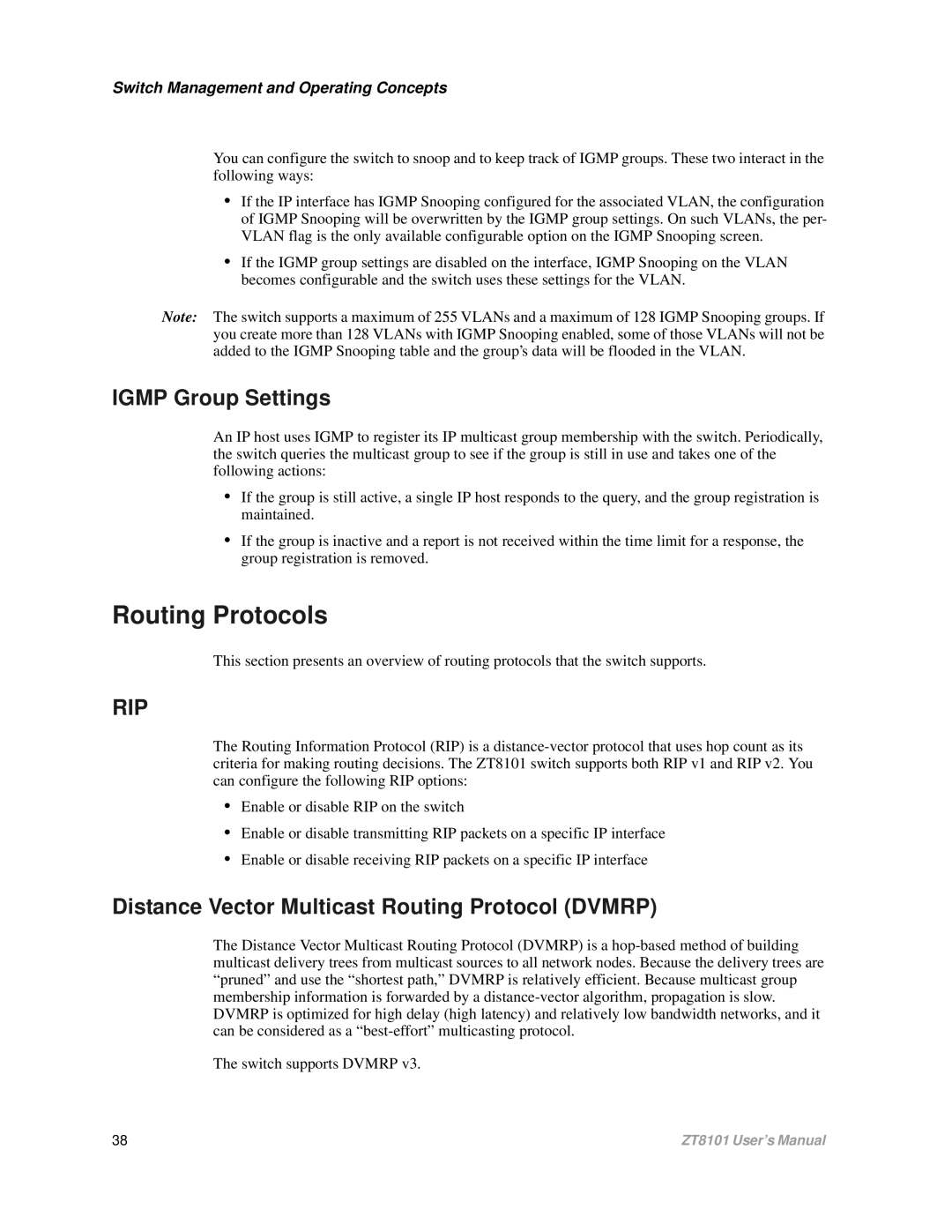 Intel ZT8101 user manual Routing Protocols, Igmp Group Settings, Distance Vector Multicast Routing Protocol Dvmrp 