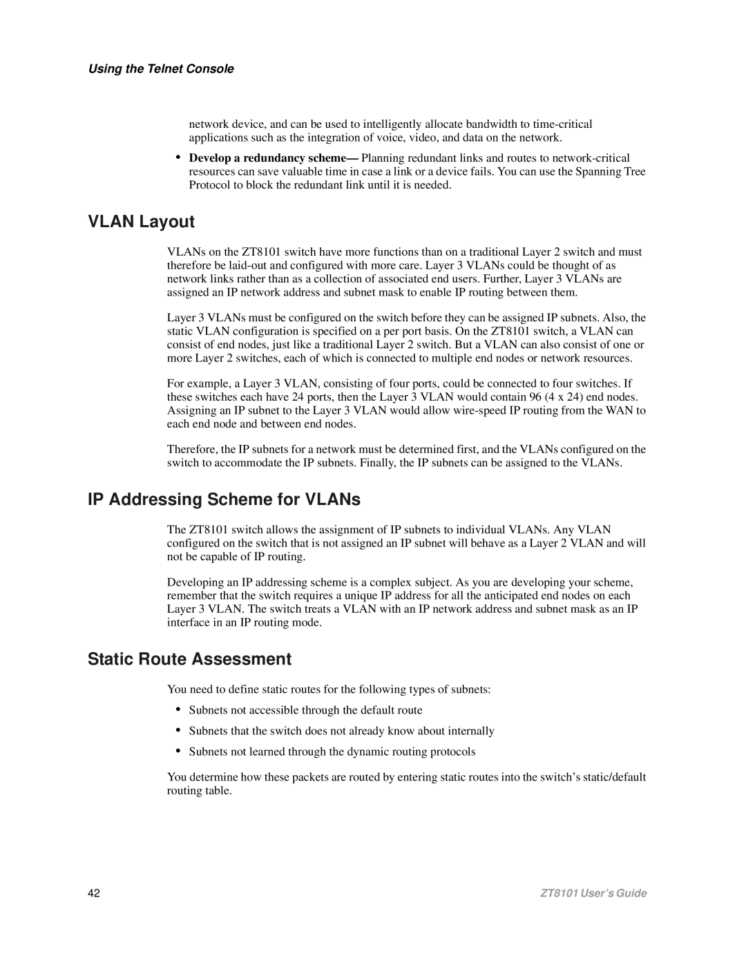 Intel ZT8101 user manual Vlan Layout, IP Addressing Scheme for VLANs, Static Route Assessment 