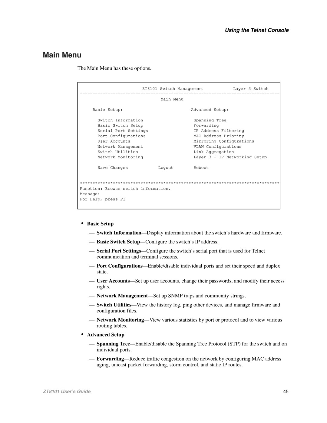 Intel ZT8101 user manual Main Menu has these options 