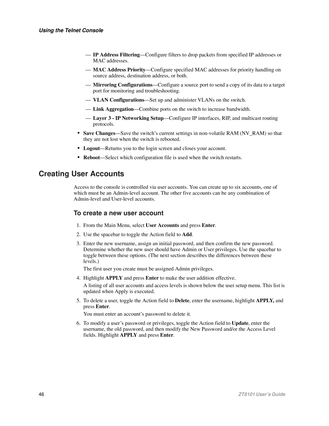 Intel ZT8101 user manual Creating User Accounts, To create a new user account 