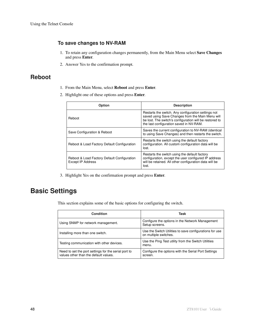 Intel ZT8101 Basic Settings, Reboot, To save changes to NV-RAM, Highlight Yes on the confirmation prompt and press Enter 