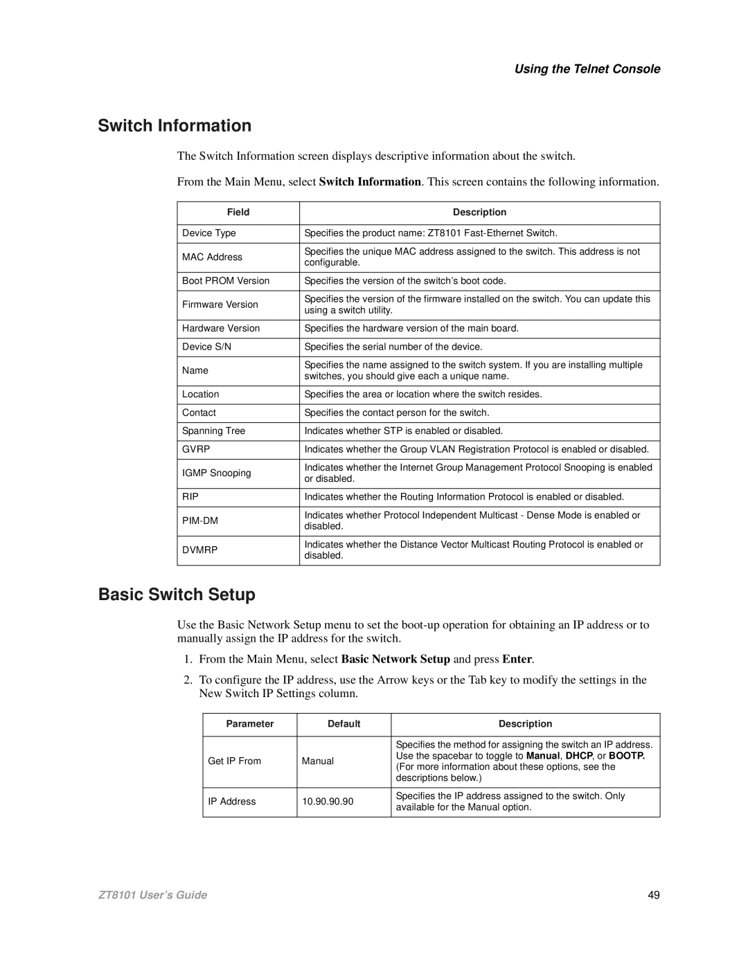 Intel ZT8101 user manual Switch Information, Basic Switch Setup 