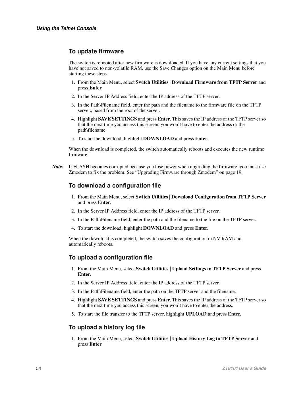 Intel ZT8101 user manual To update firmware, To download a configuration file, To upload a configuration file 