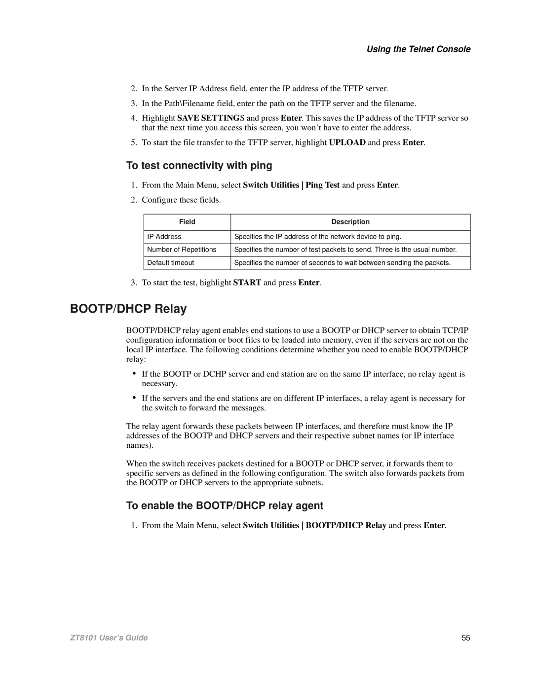 Intel ZT8101 user manual BOOTP/DHCP Relay, To test connectivity with ping, To enable the BOOTP/DHCP relay agent 