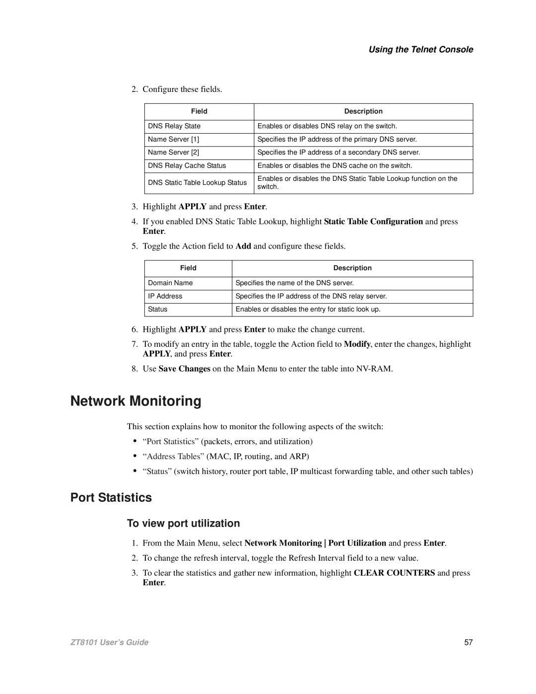 Intel ZT8101 user manual Network Monitoring, Port Statistics, To view port utilization 