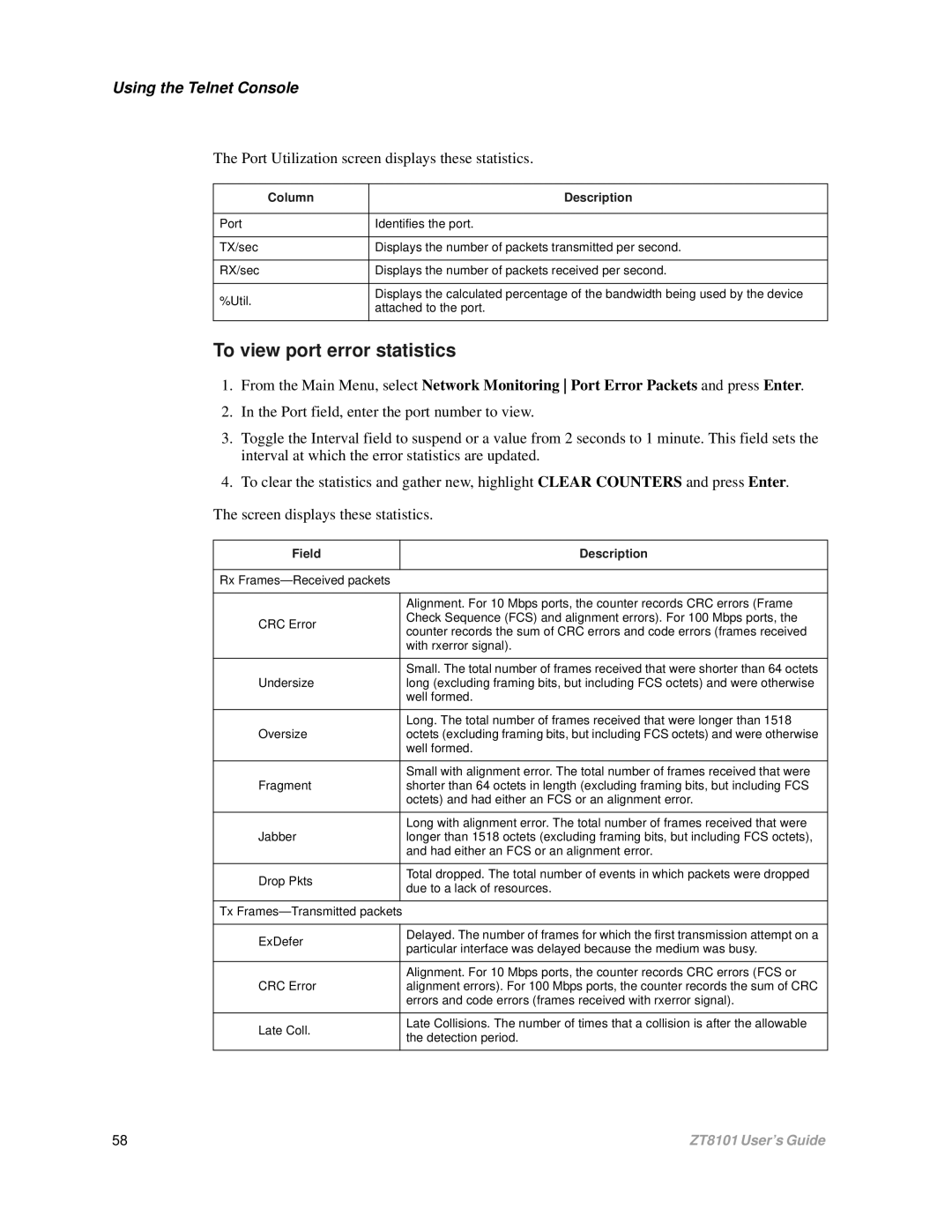 Intel ZT8101 To view port error statistics, Port Utilization screen displays these statistics, Column Description 