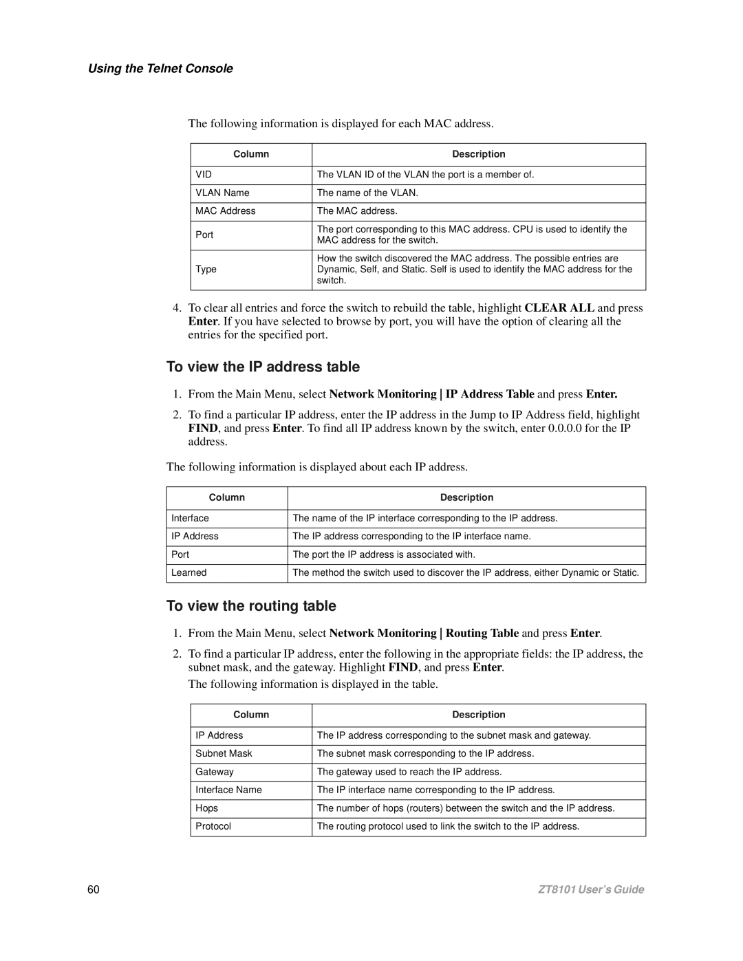 Intel ZT8101 user manual To view the IP address table, To view the routing table 