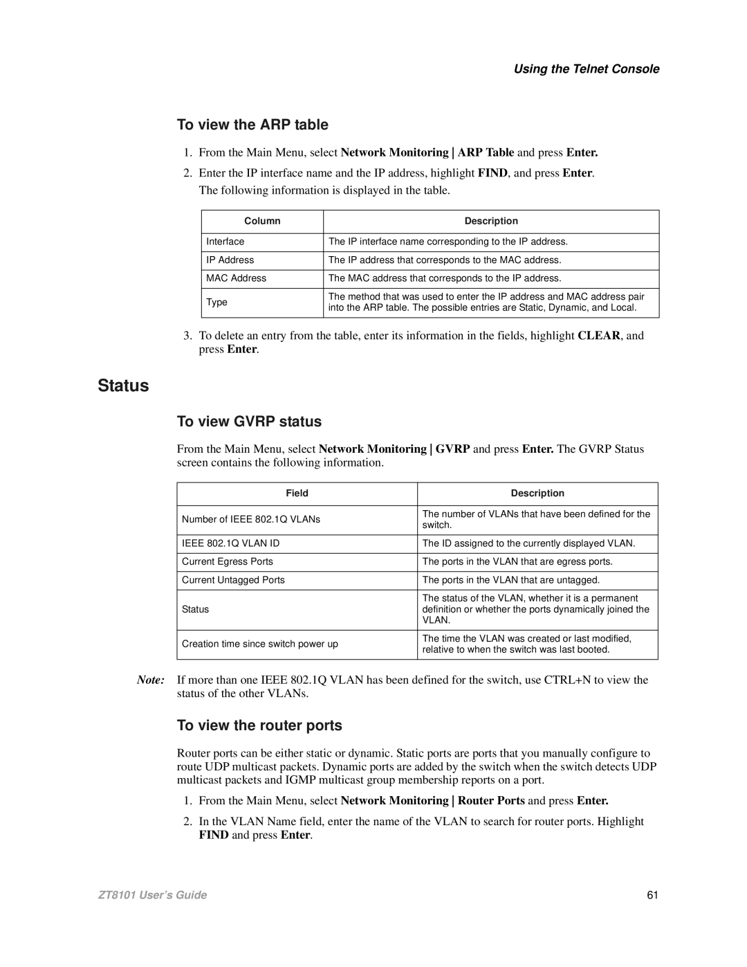 Intel ZT8101 user manual Status, To view the ARP table, To view Gvrp status, To view the router ports 