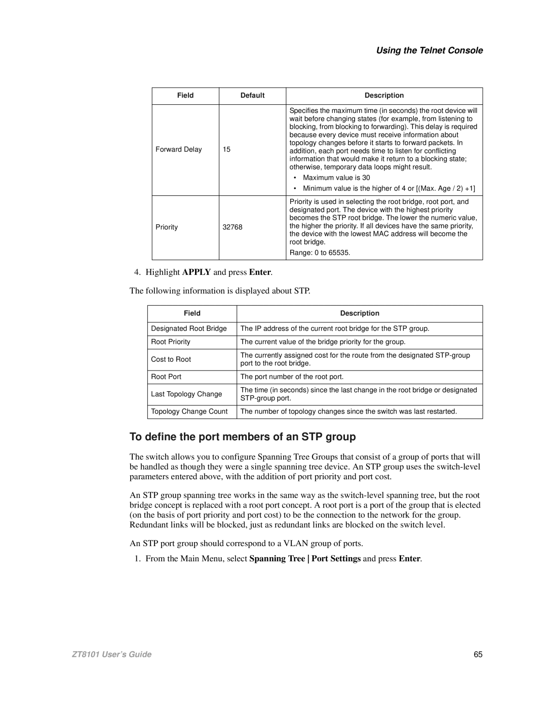 Intel ZT8101 user manual To define the port members of an STP group, Field Description 