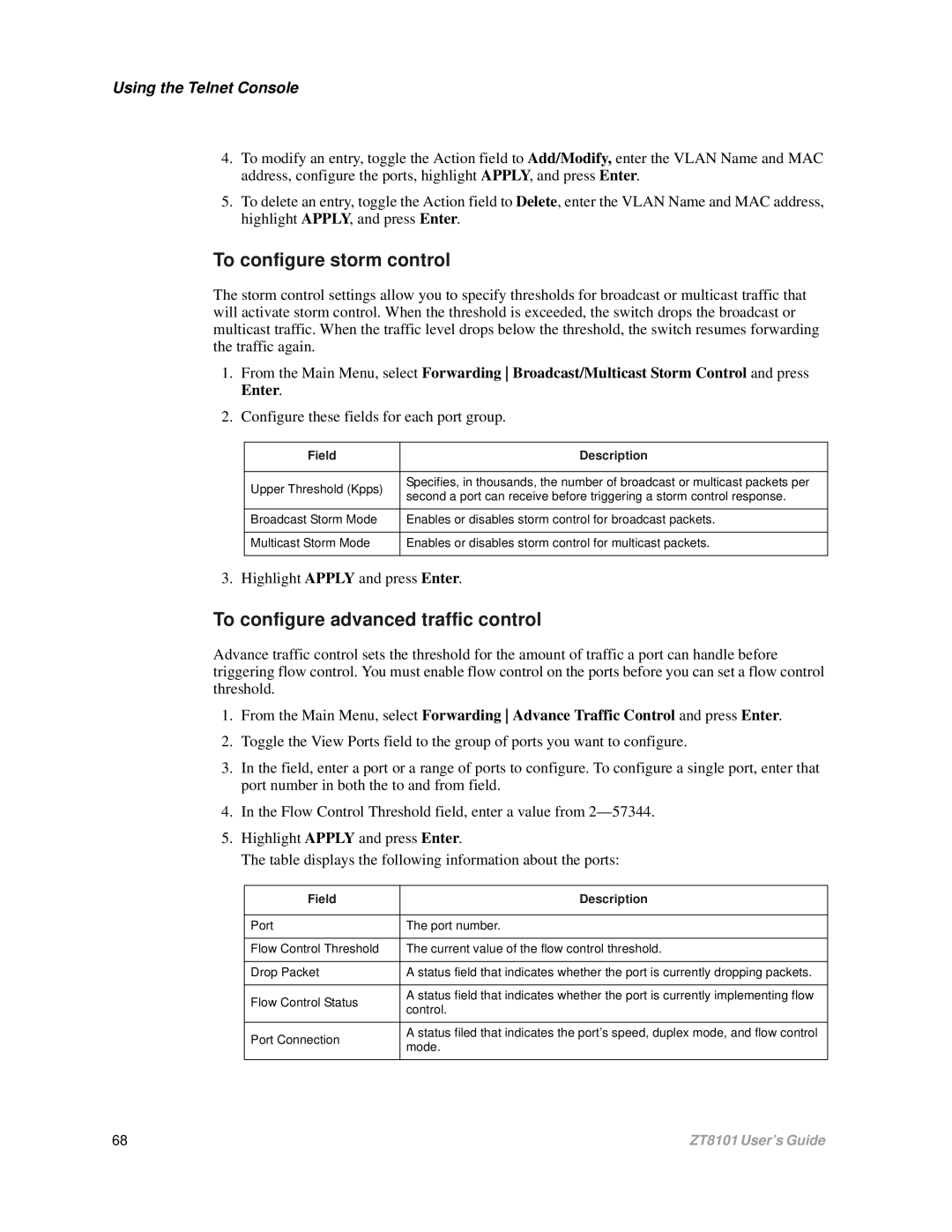 Intel ZT8101 To configure storm control, To configure advanced traffic control, Configure these fields for each port group 