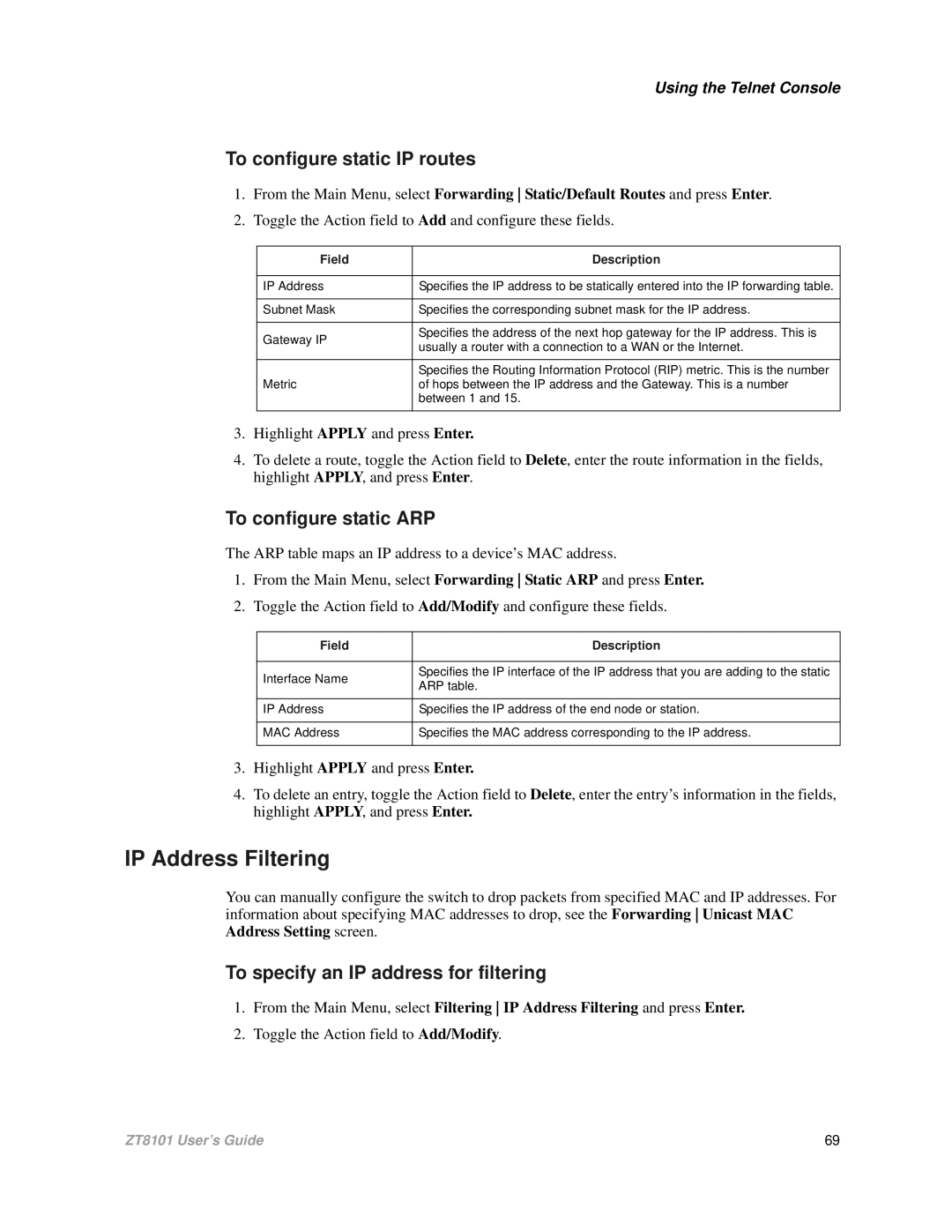 Intel ZT8101 user manual IP Address Filtering, To configure static IP routes, To configure static ARP 