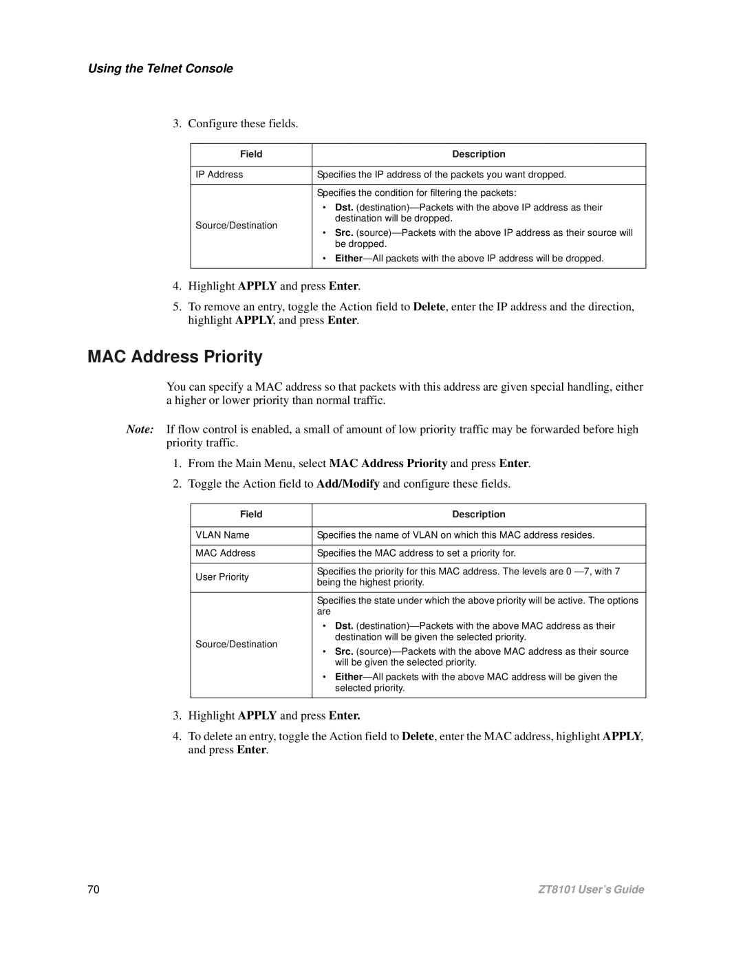 Intel ZT8101 user manual MAC Address Priority, Configure these fields 