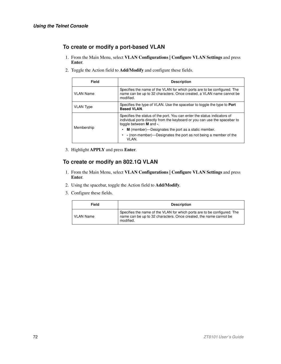 Intel ZT8101 user manual To create or modify a port-based Vlan, To create or modify an 802.1Q Vlan 