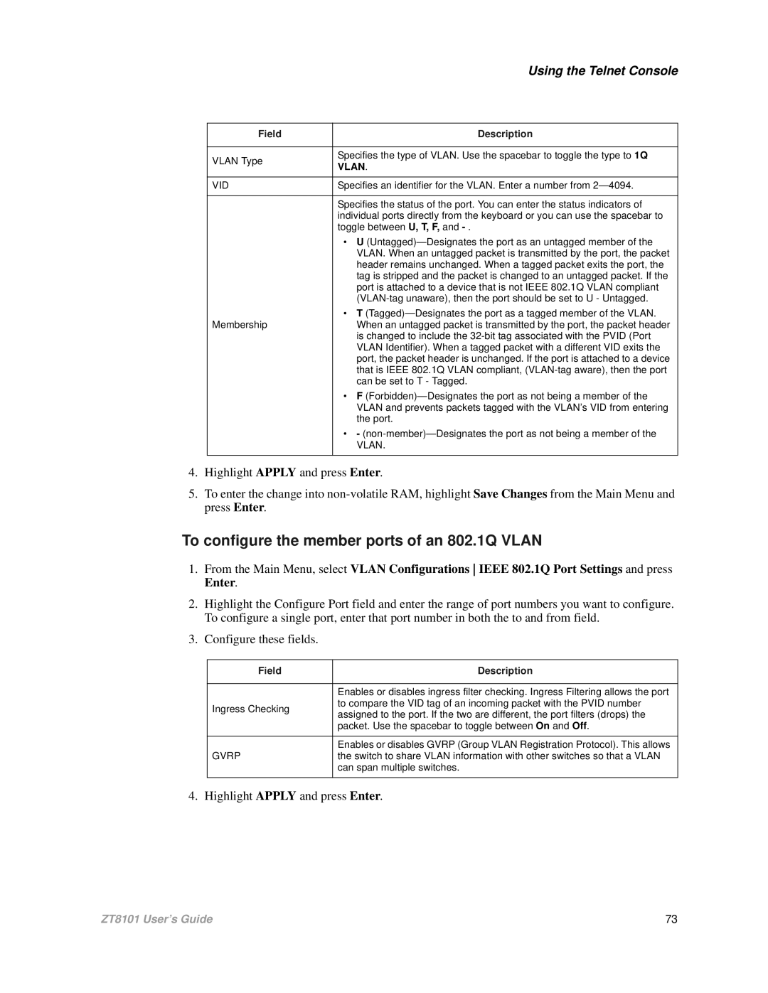 Intel ZT8101 user manual To configure the member ports of an 802.1Q Vlan 