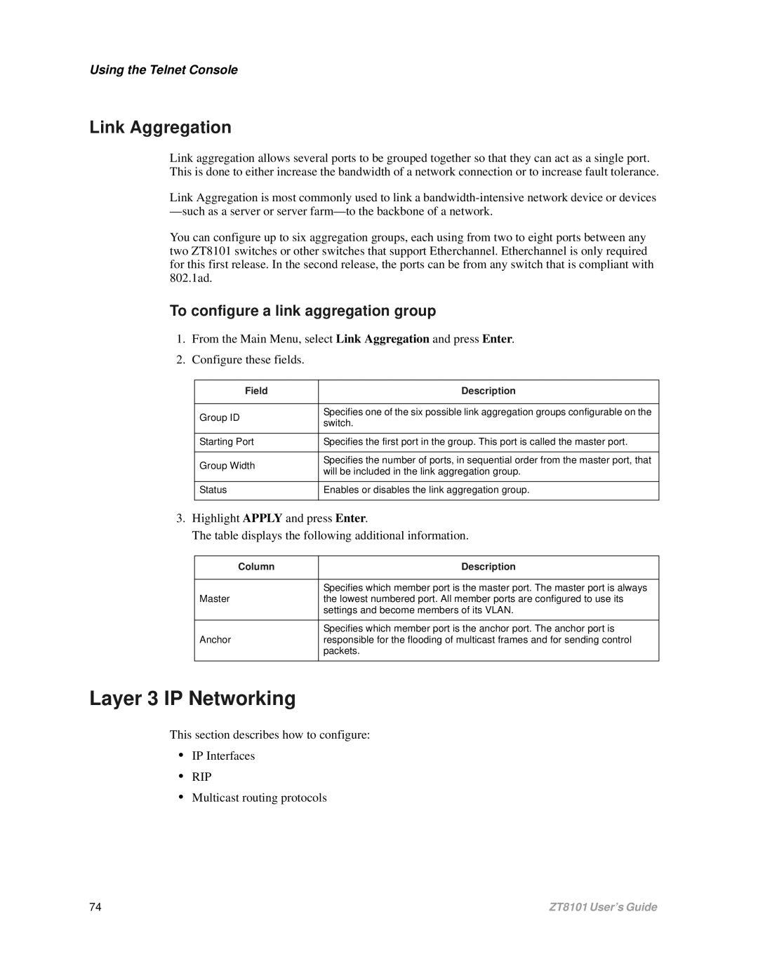 Intel ZT8101 Layer 3 IP Networking, Link Aggregation, To configure a link aggregation group, Multicast routing protocols 