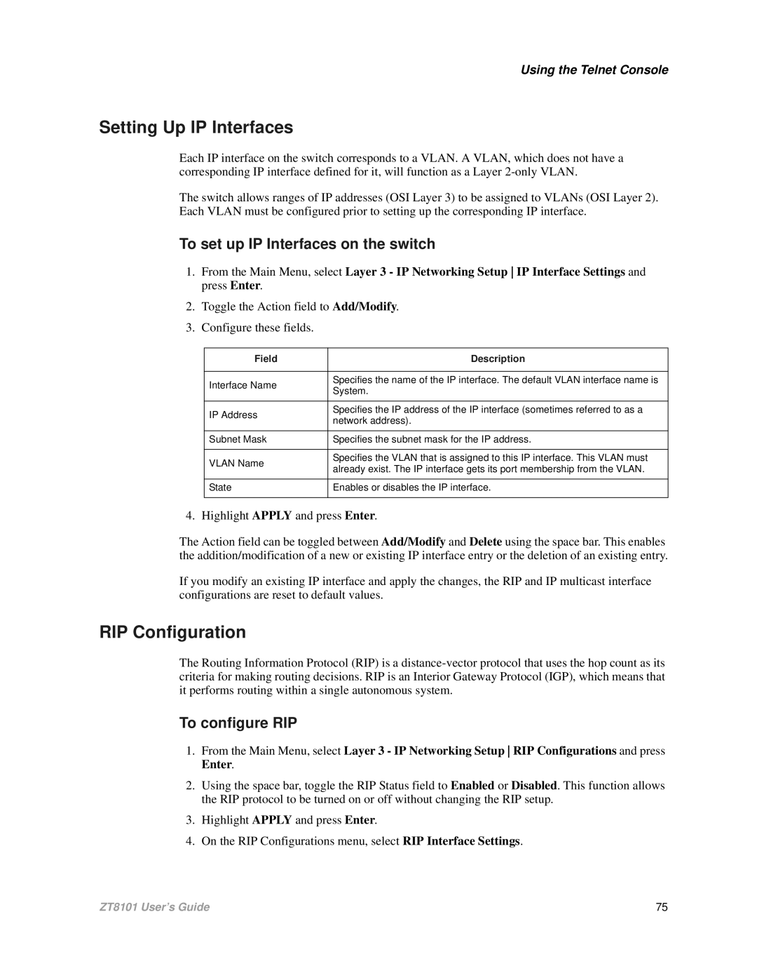 Intel ZT8101 Setting Up IP Interfaces, RIP Configuration, To set up IP Interfaces on the switch, To configure RIP 