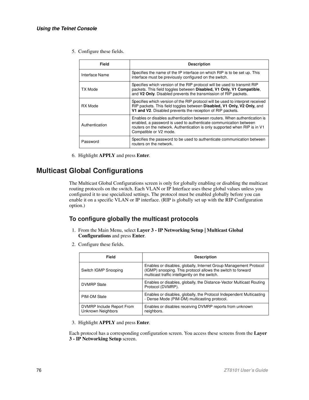 Intel ZT8101 user manual Multicast Global Configurations, To configure globally the multicast protocols 