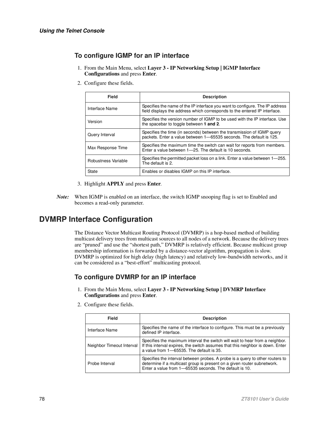 Intel ZT8101 Dvmrp Interface Configuration, To configure Igmp for an IP interface, To configure Dvmrp for an IP interface 