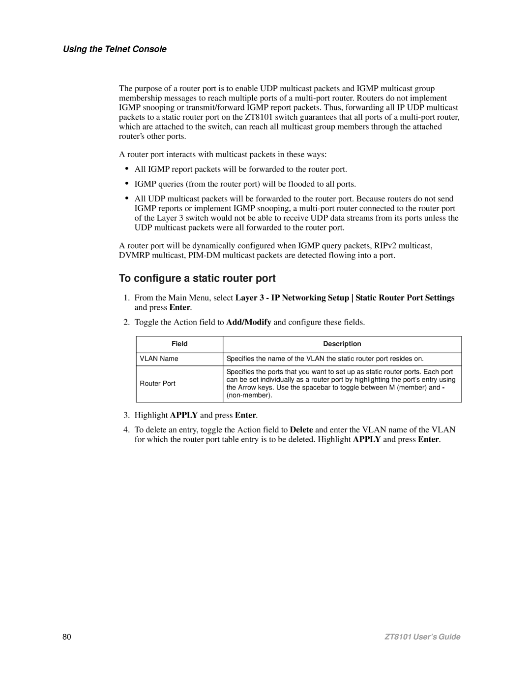 Intel ZT8101 user manual To configure a static router port 