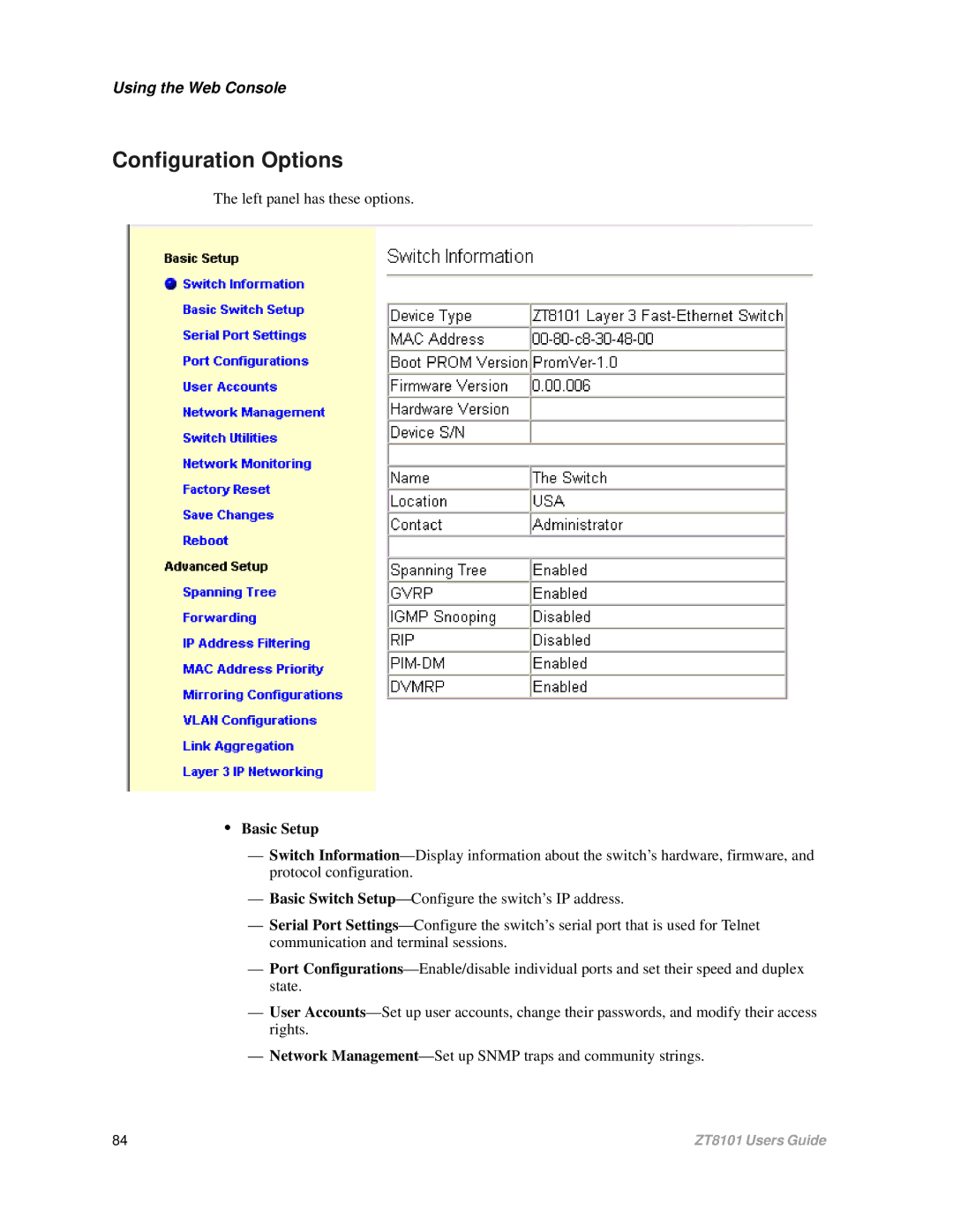 Intel ZT8101 user manual Configuration Options, Left panel has these options 