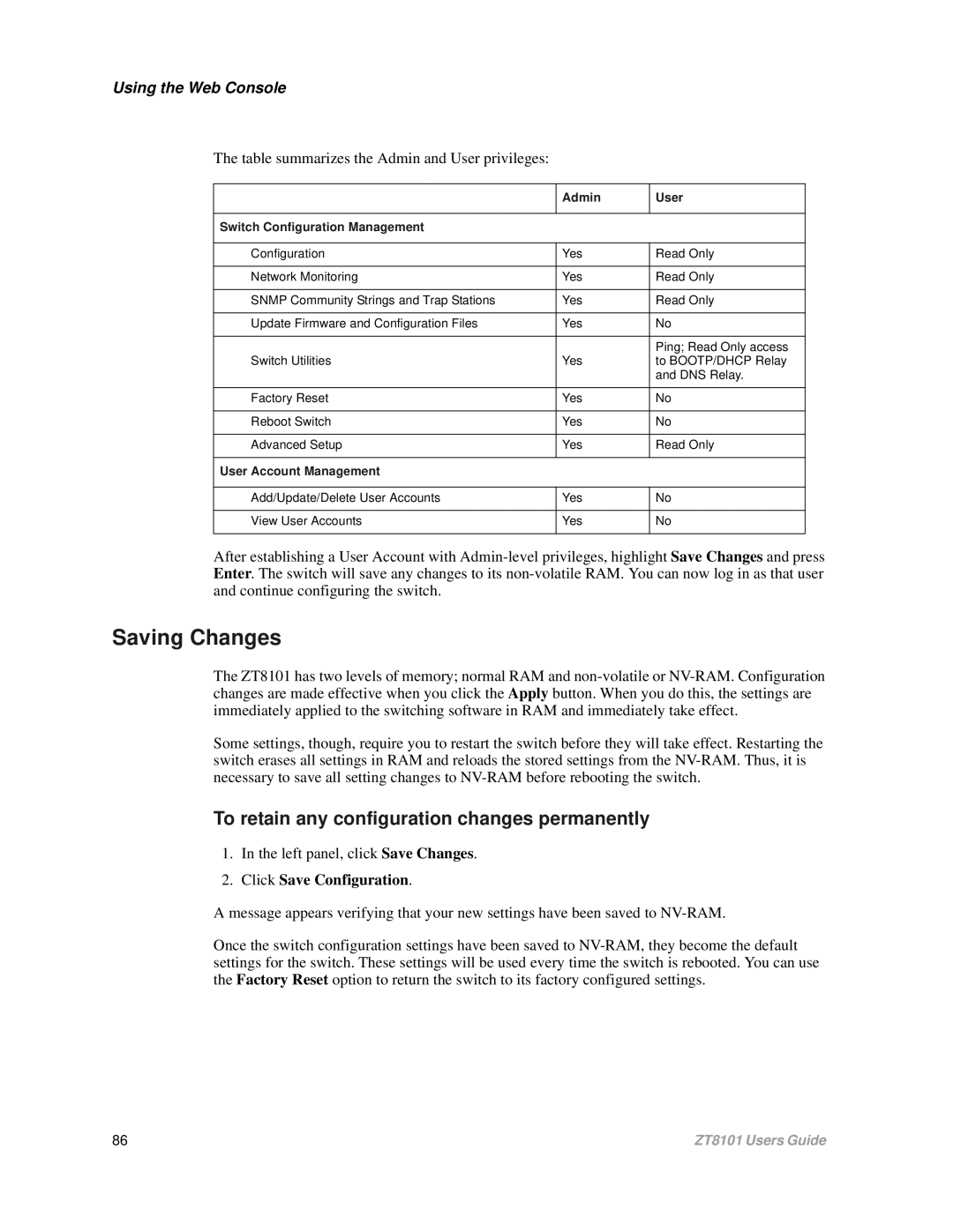 Intel ZT8101 user manual To retain any configuration changes permanently, Left panel, click Save Changes 