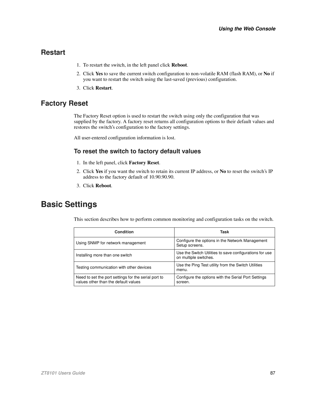 Intel ZT8101 user manual Restart, Factory Reset, To reset the switch to factory default values 