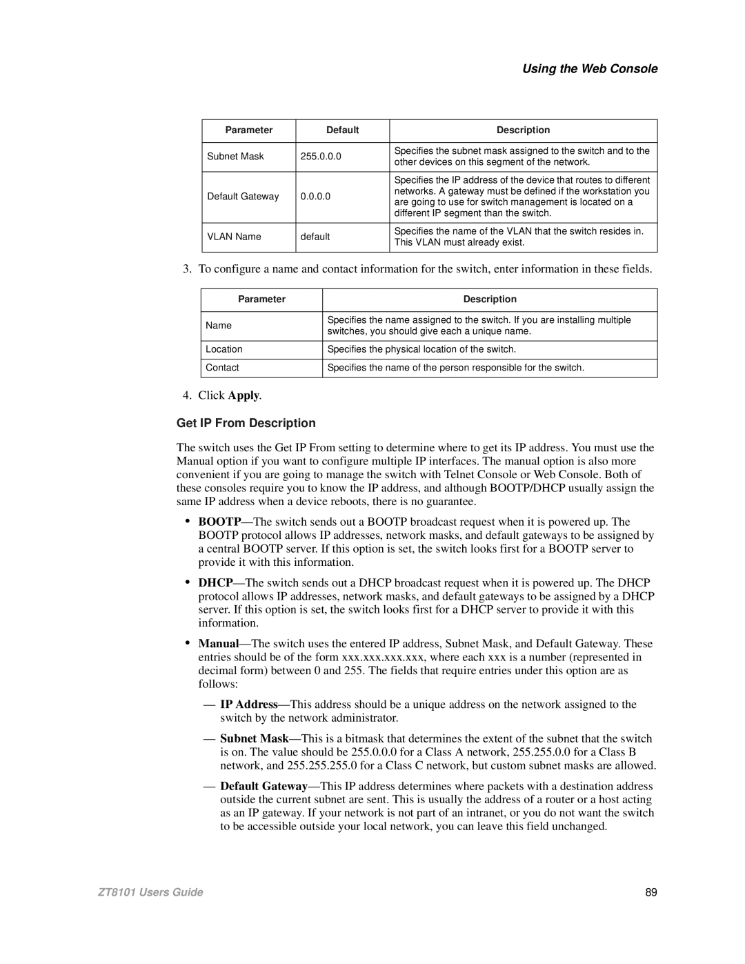 Intel ZT8101 user manual Click Apply, Parameter Description 