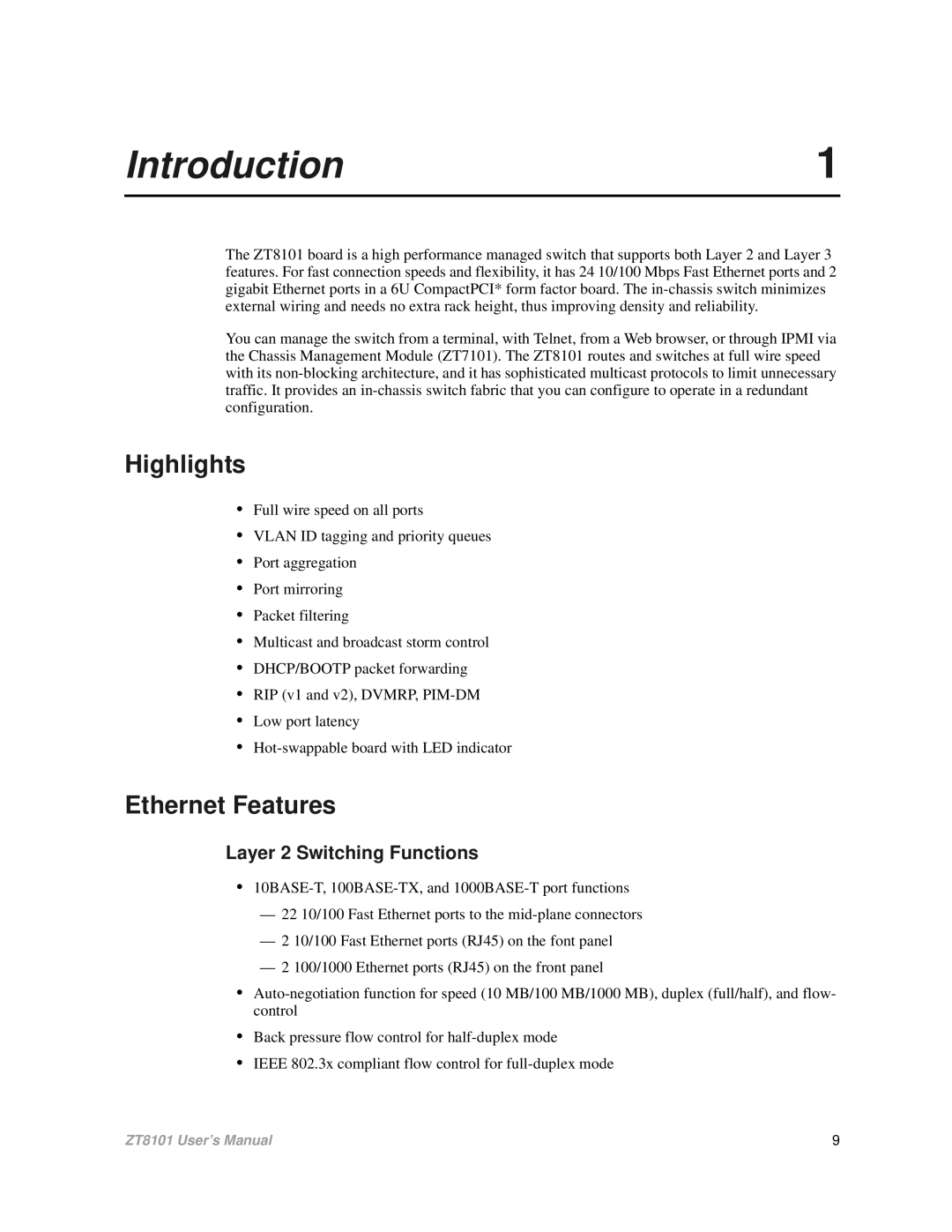 Intel ZT8101 user manual Highlights, Ethernet Features, Layer 2 Switching Functions 