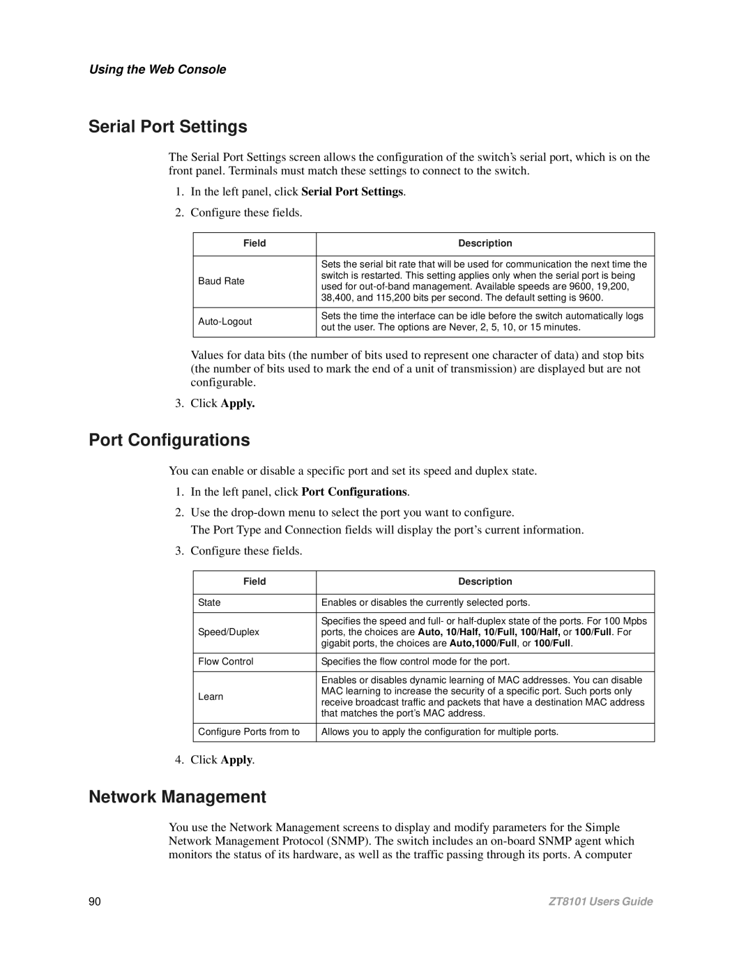 Intel ZT8101 user manual Serial Port Settings, Network Management 