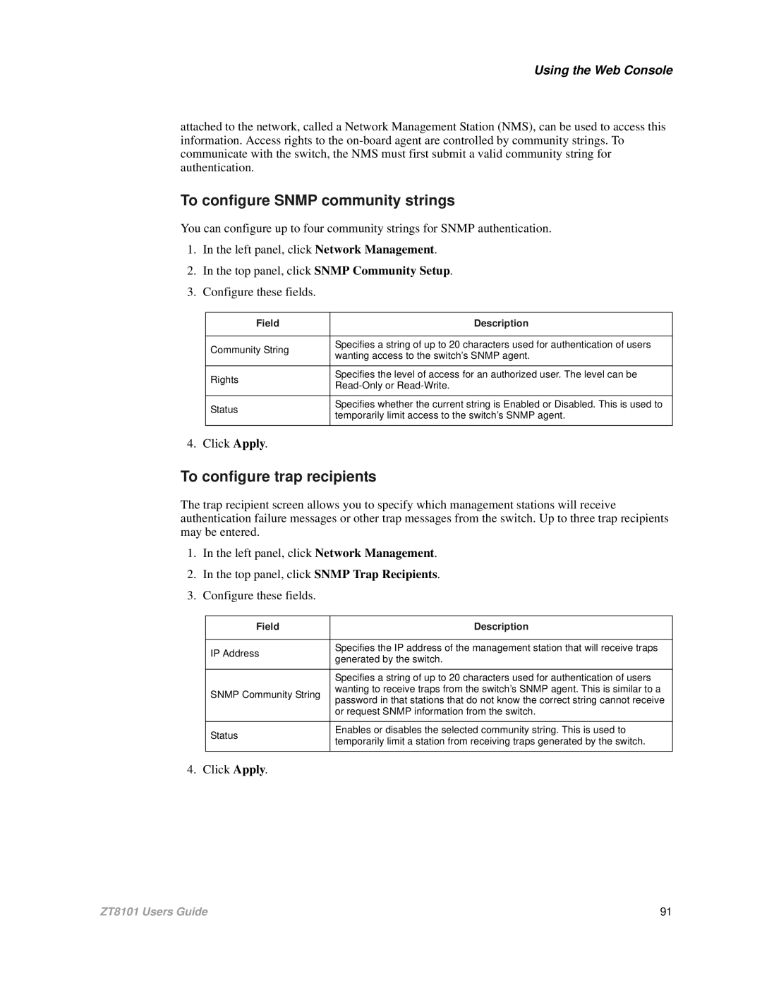 Intel ZT8101 user manual To configure Snmp community strings, To configure trap recipients 