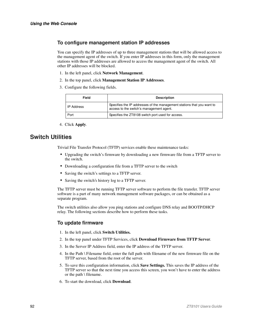 Intel ZT8101 user manual To configure management station IP addresses, Configure the following fields 