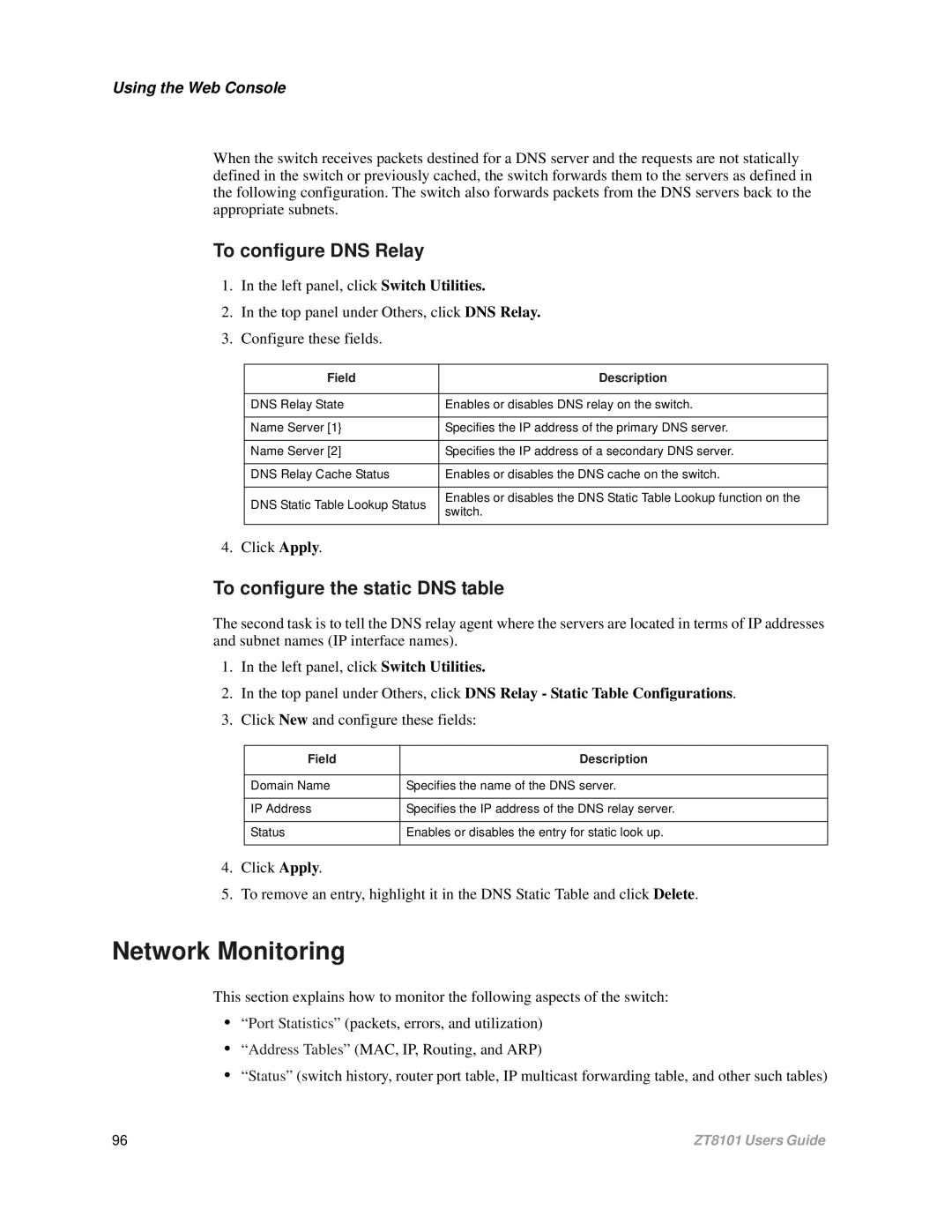 Intel ZT8101 user manual To configure DNS Relay, To configure the static DNS table 