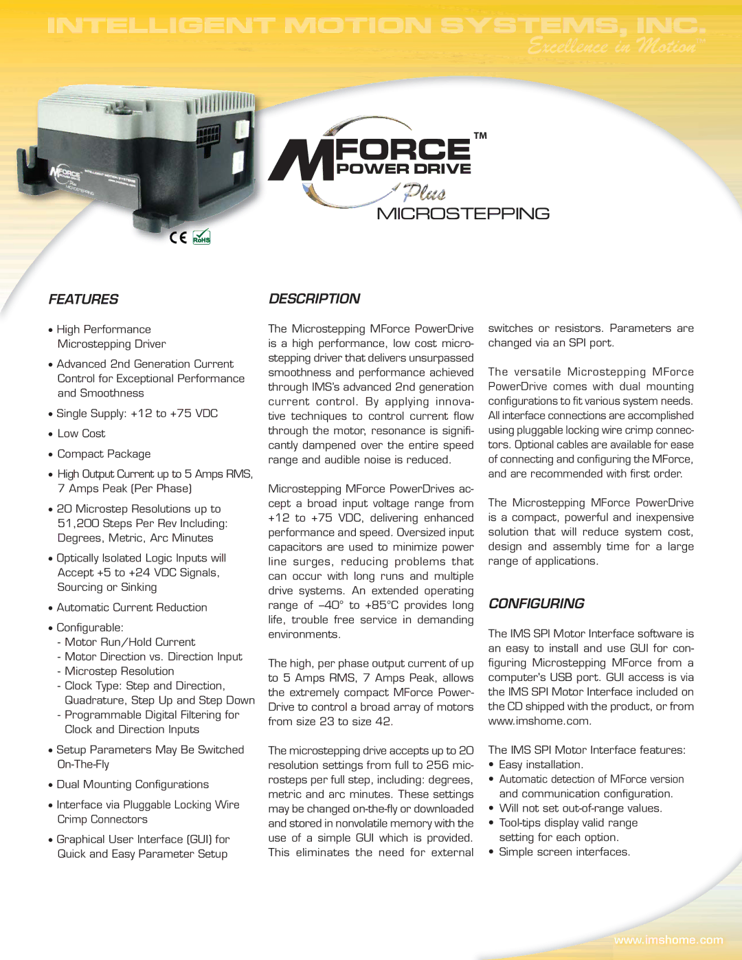 Intelligent Motion Systems Excellence in Motion manual Features, Description, Configuring 