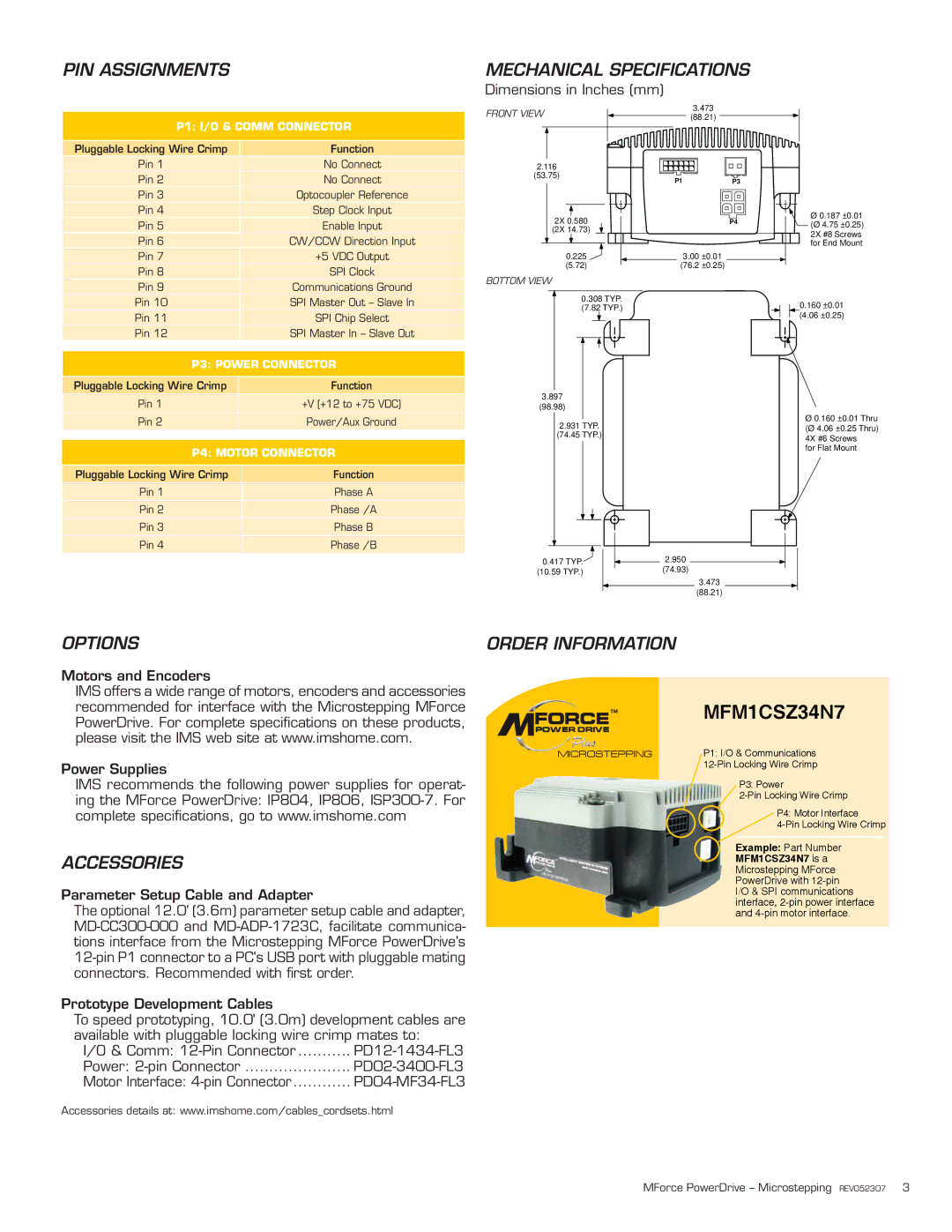 Intelligent Motion Systems Excellence in Motion manual PIN Assignments Mechanical Specifications, Options, Accessories 