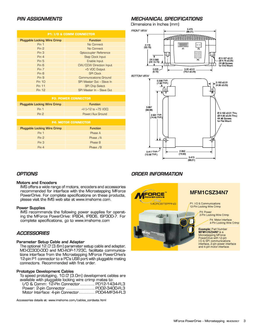 Intelligent Motion Systems Excellence in Motion Pin Assignments, Mechanical Specifications, Options, Accessories, Forcetm 