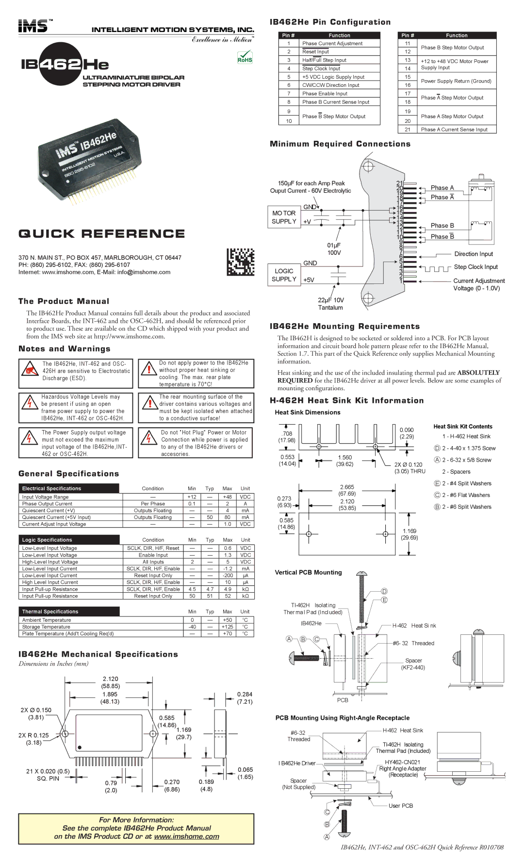 Intelligent Motion Systems dimensions IB462He Pin Configuration, Minimum Required Connections, Product Manual 