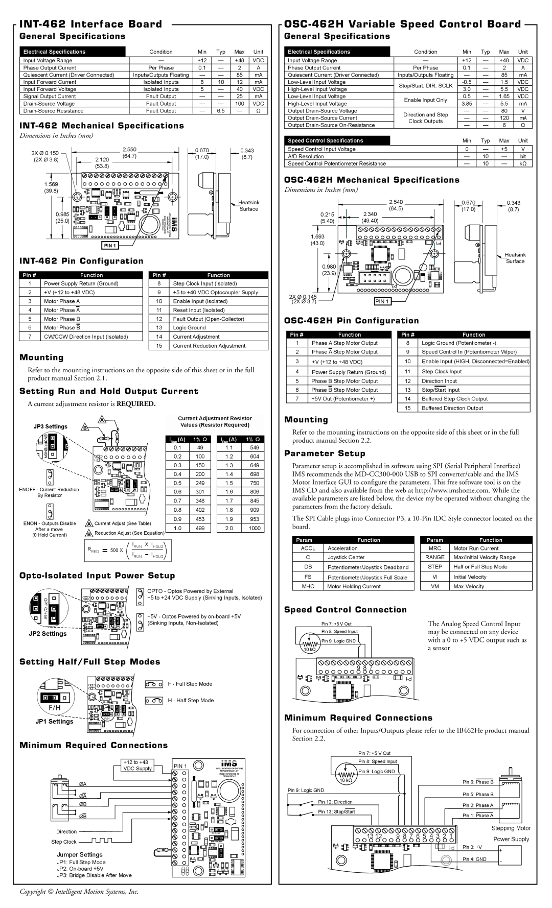 Intelligent Motion Systems IB462He INT-462 Mechanical Specifications, OSC-462H Mechanical Specifications, Mounting 