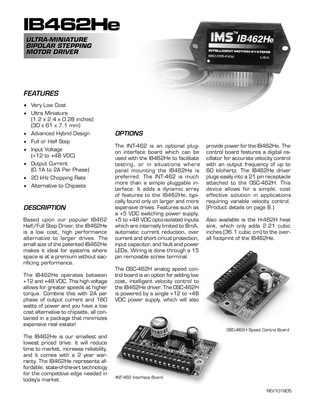 Intelligent Motion Systems IB462He warranty Features, Description, Options 